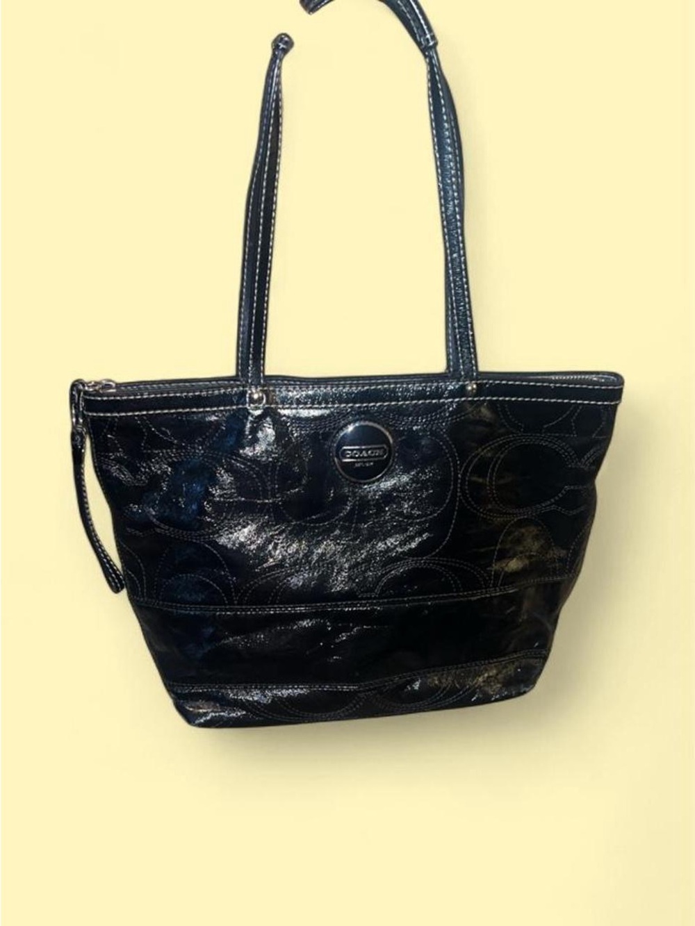 Coach Black Patent Leather Tote with Signature Stitching
